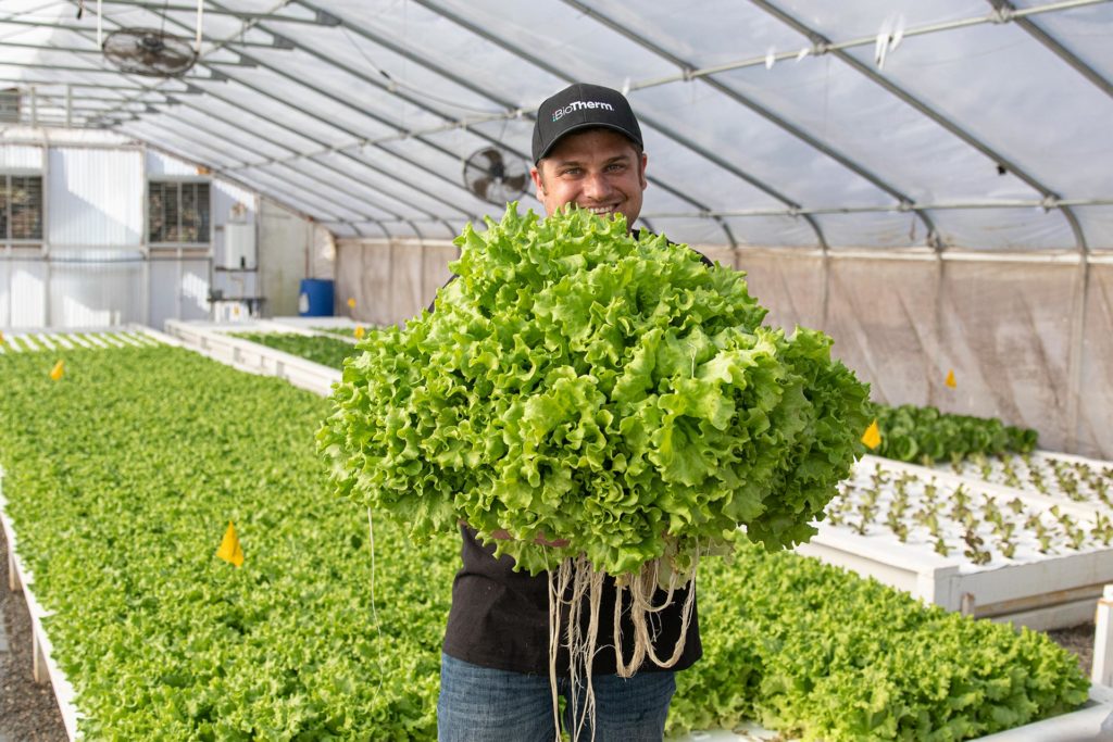 giant lettuce being held by biotherm employee
